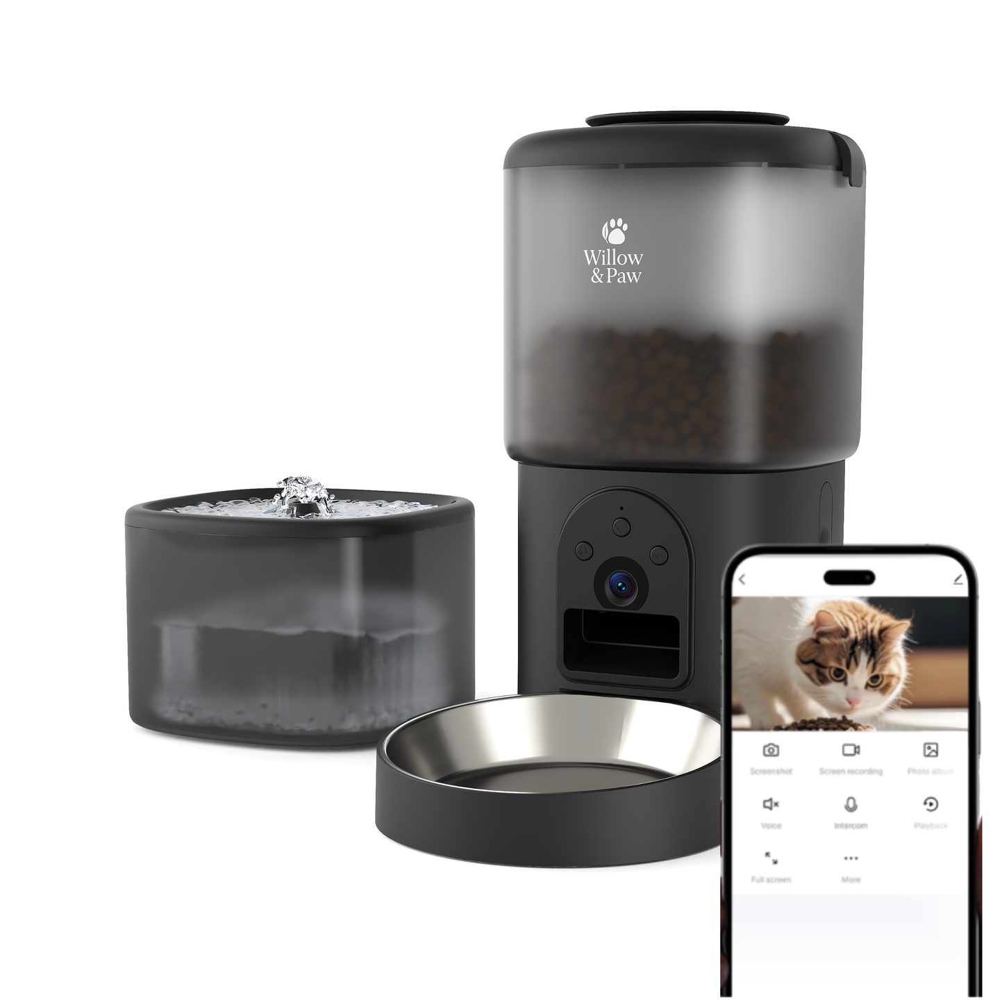 Black feeder, fountain and bowl with a phone showing the live camera view of a cat