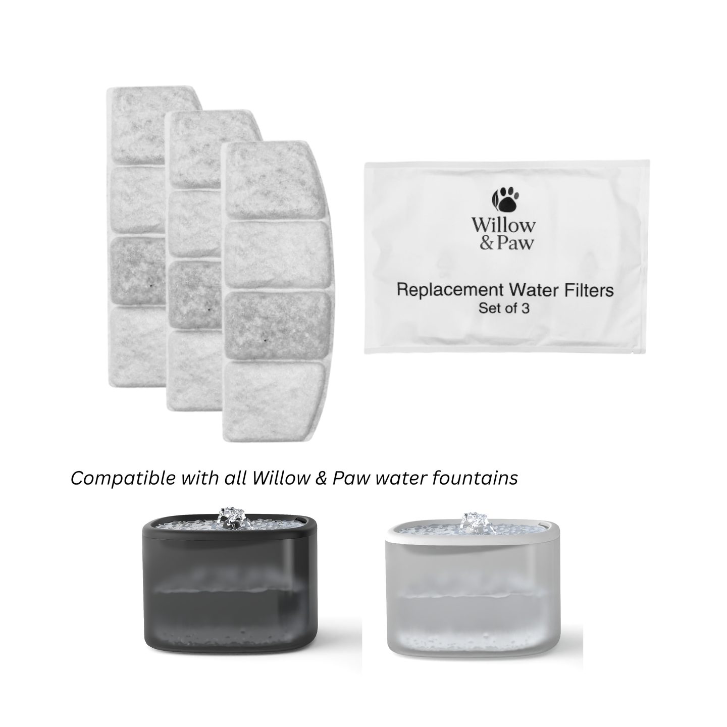 The three filters and their pack above a black and a white water fountain: compatible with all Willow & Paw water fountains