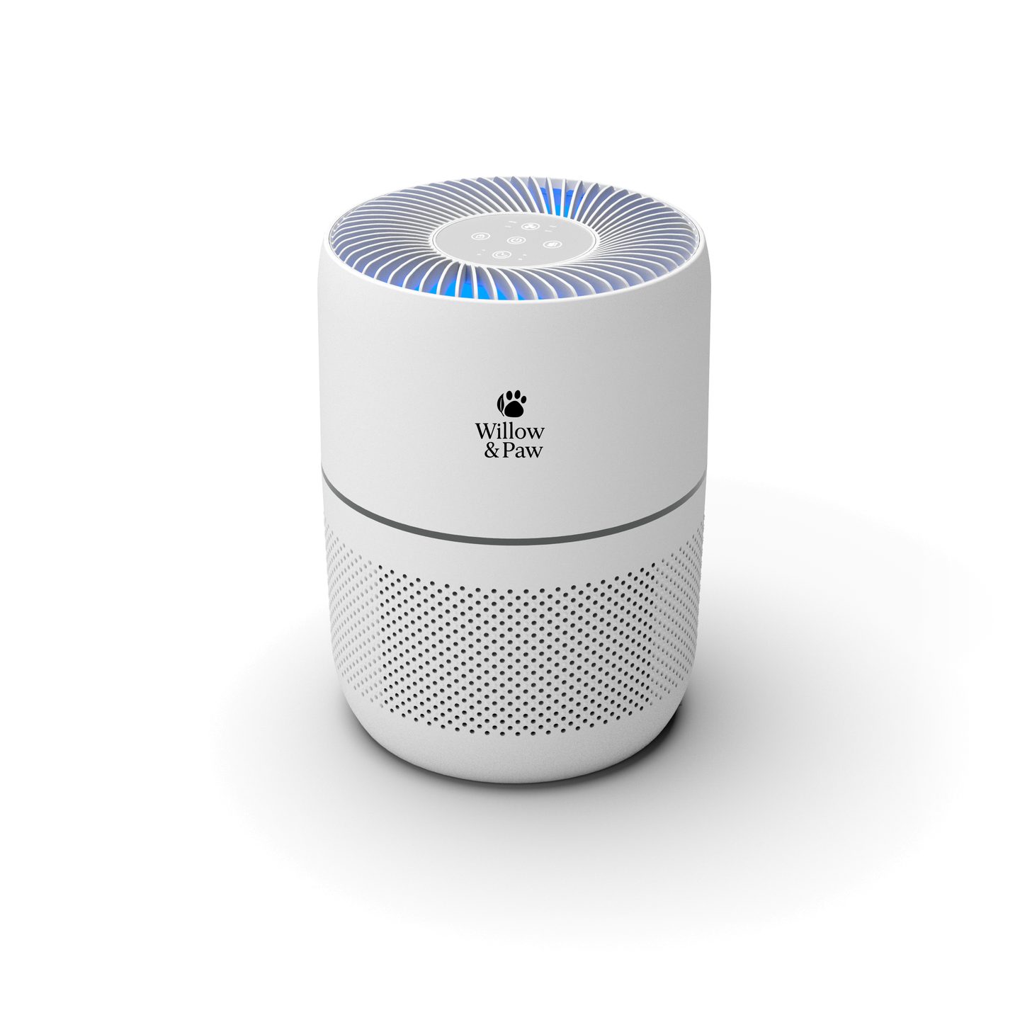 White air purifier seen from above, showing the air outlet and light ring