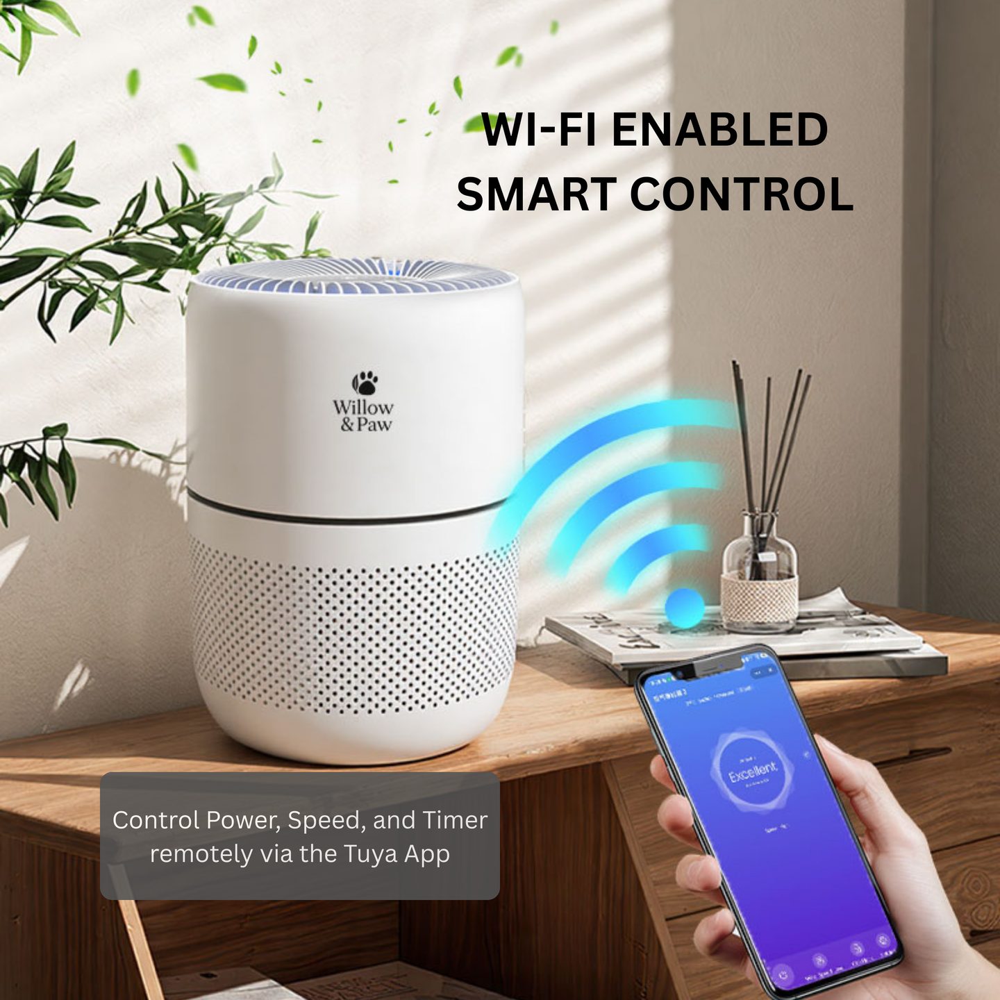 A hand holding a phone beside the purifier, controlling power, speed and timer in the Tuya app