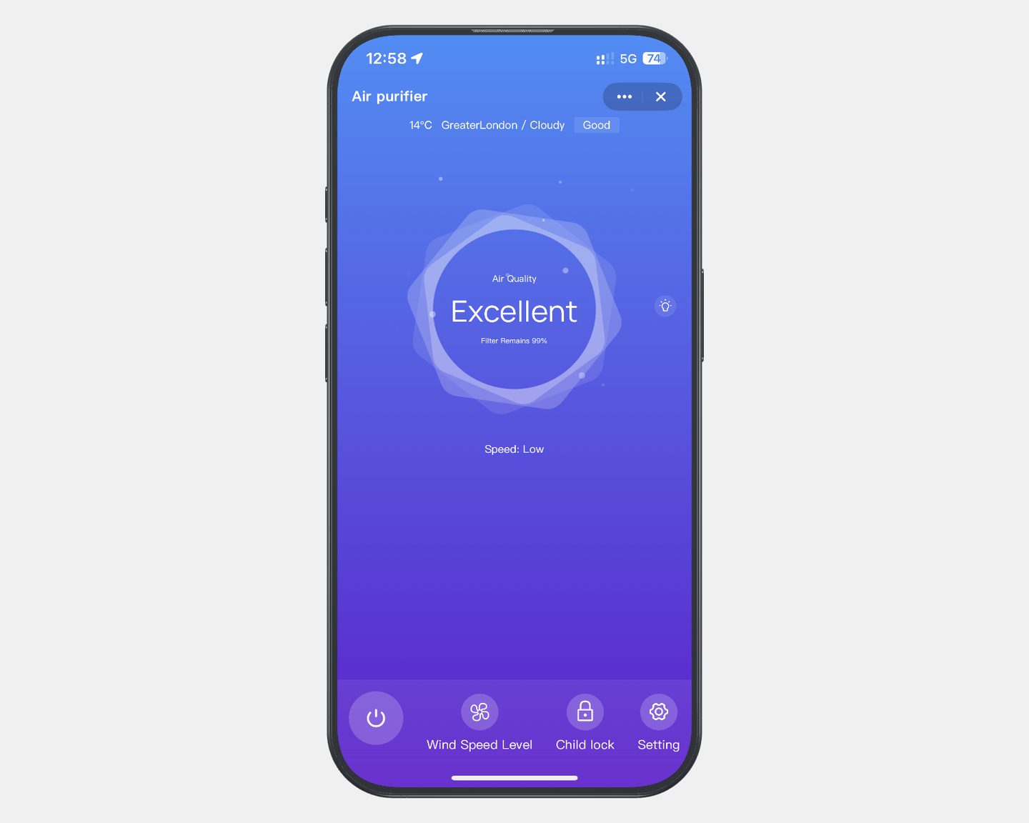 The purifier in the phone app: air quality Excellent, the filter at 99% and the fan speed on low