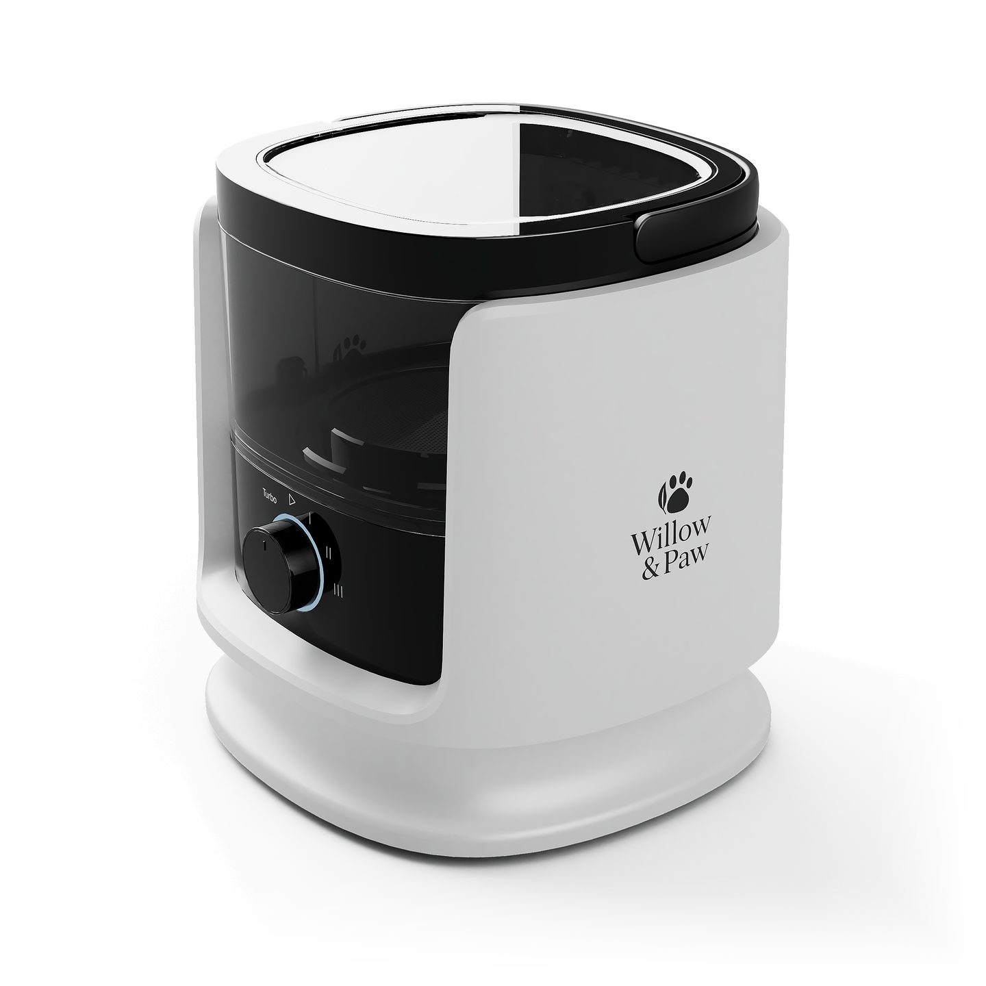 Grooming vacuum from above, showing the clear dust cup and lid