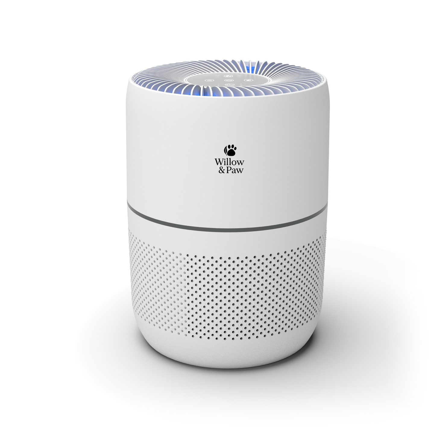White Willow & Paw air purifier with its blue light ring glowing on top