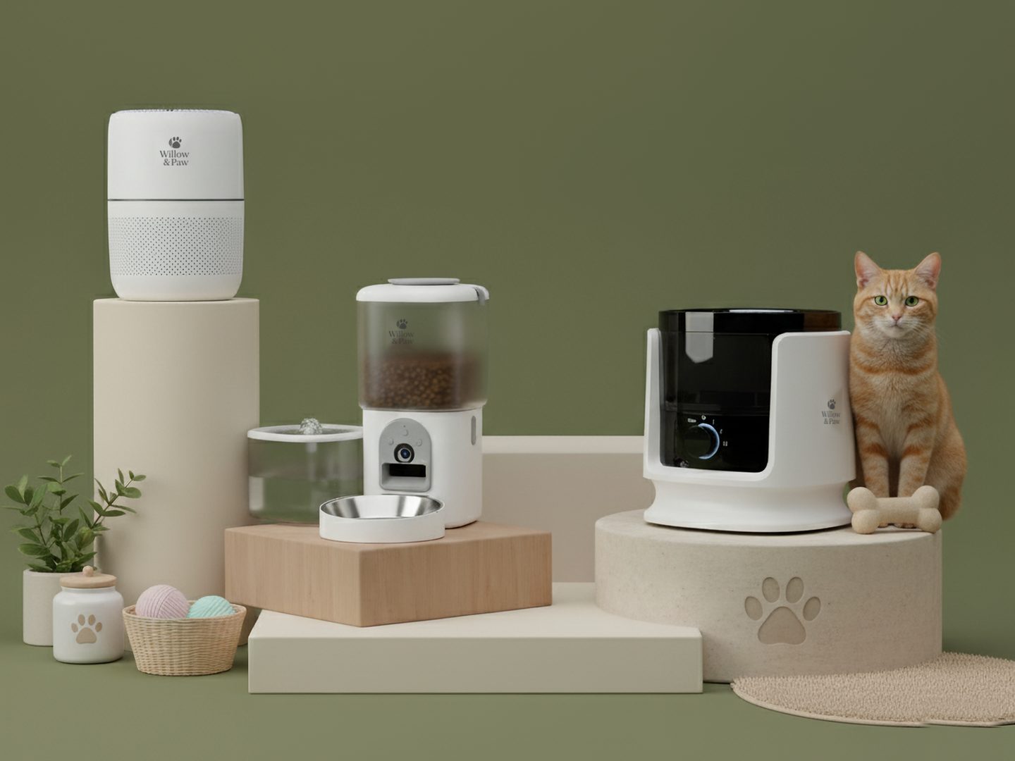 The Willow & Paw air purifier, smart feeder, water fountain and grooming kit on display, with a ginger cat sitting beside them