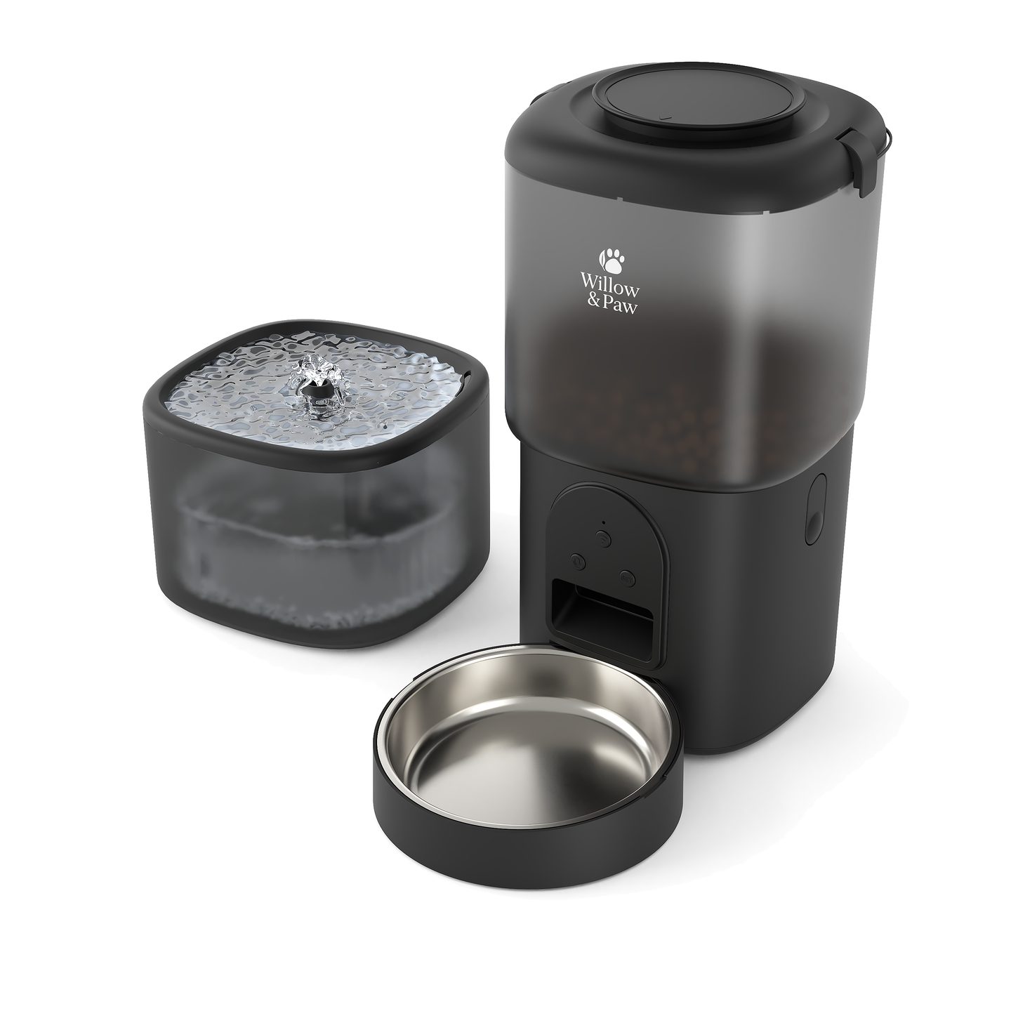 Black smart feeder and water fountain from the front, with the steel bowl in front