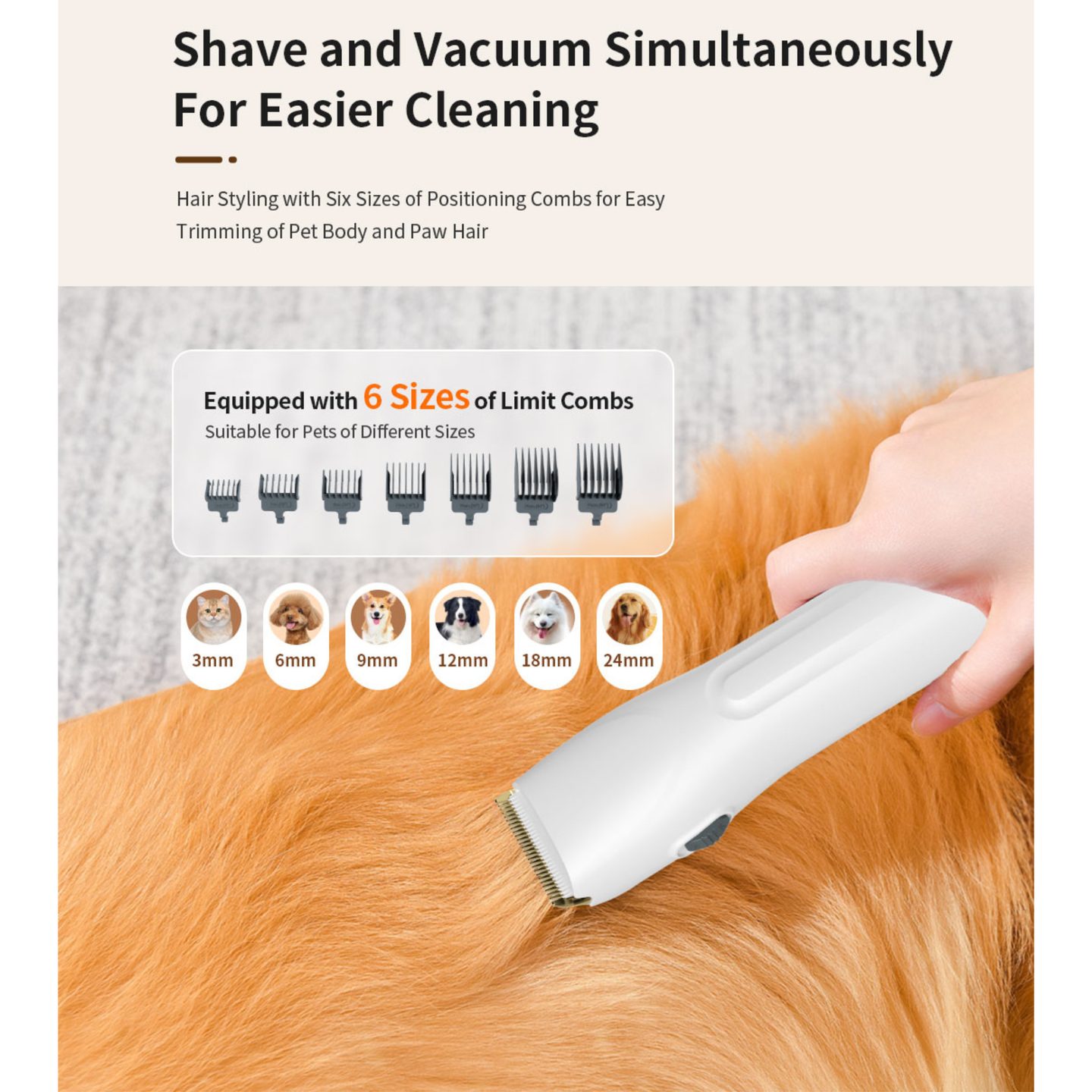 Shave and vacuum at once: the trimmer with six guide combs, from 3 to 24 mm