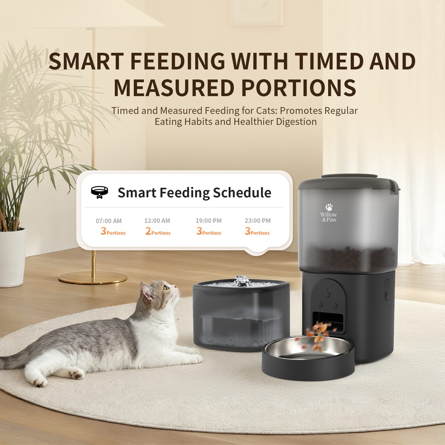 A cat by the black feeder with the app's schedule of timed, measured meals shown above