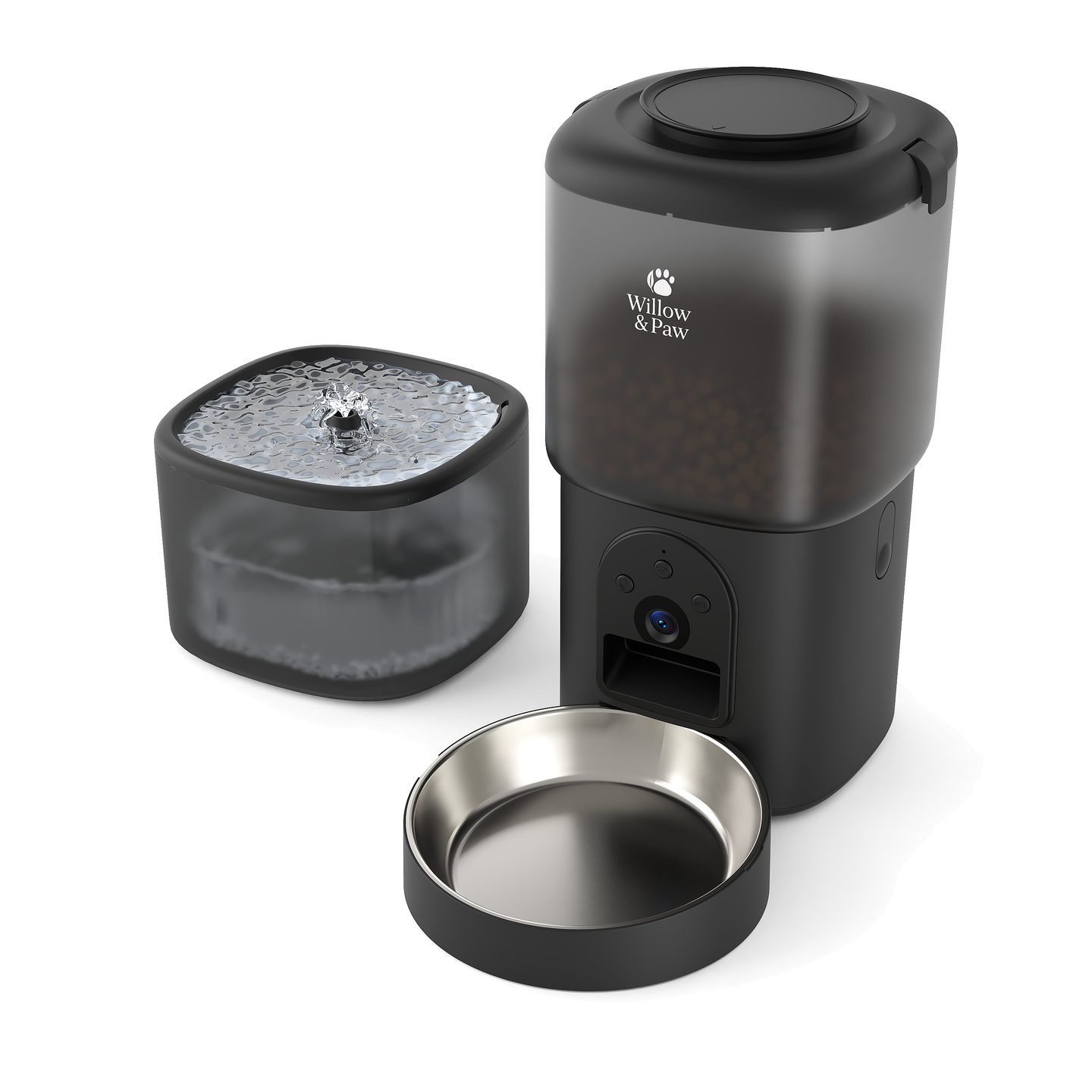 Black smart feeder and water fountain from the front, with the steel bowl in front
