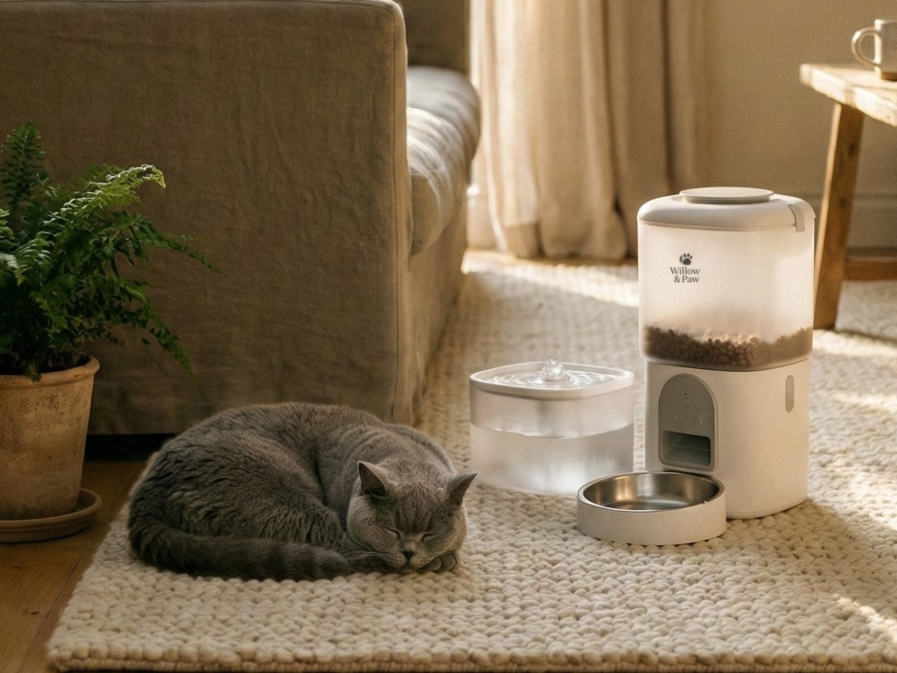 A grey cat asleep on a rug in the living room, beside the Willow & Paw smart feeder and water fountain