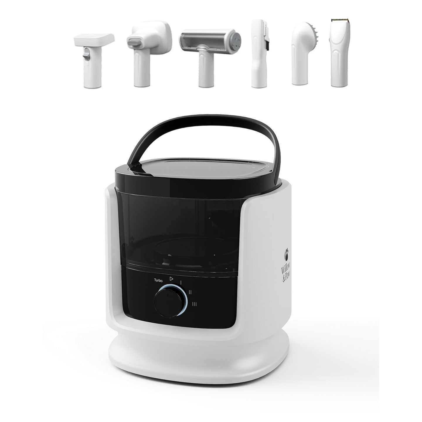 Grooming vacuum with its six attachments lined up above it