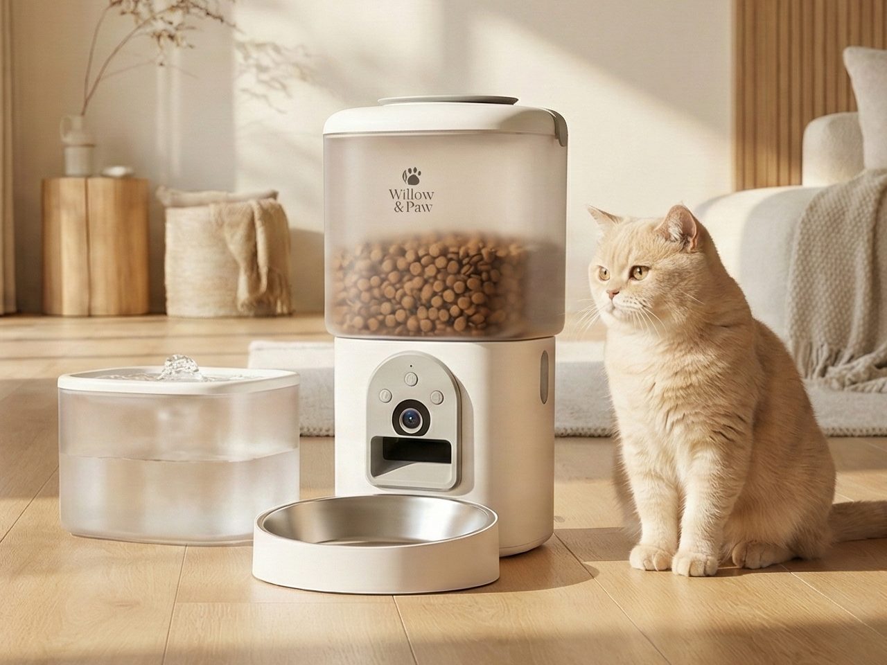 A cream cat sitting beside the white camera feeder and water fountain on a sunlit wooden floor