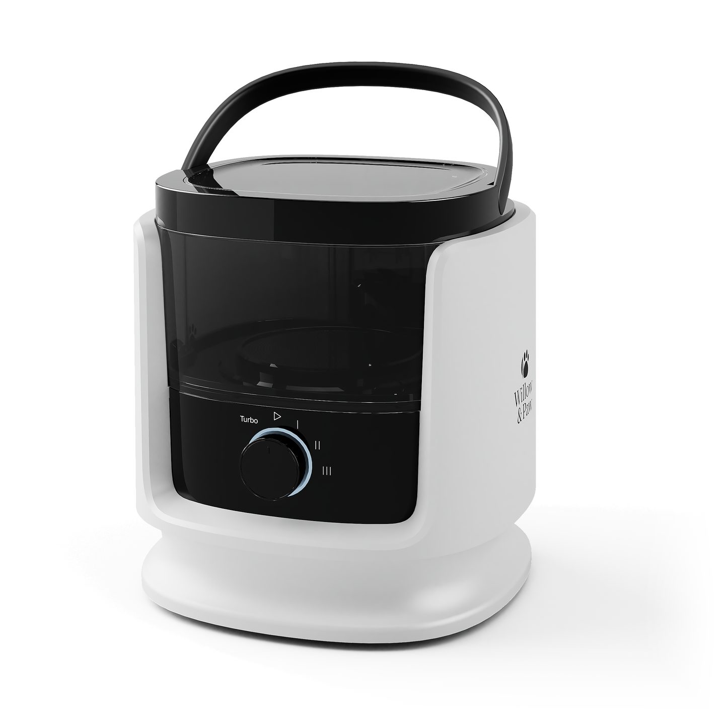 Grooming vacuum with its carry handle raised, seen from the front