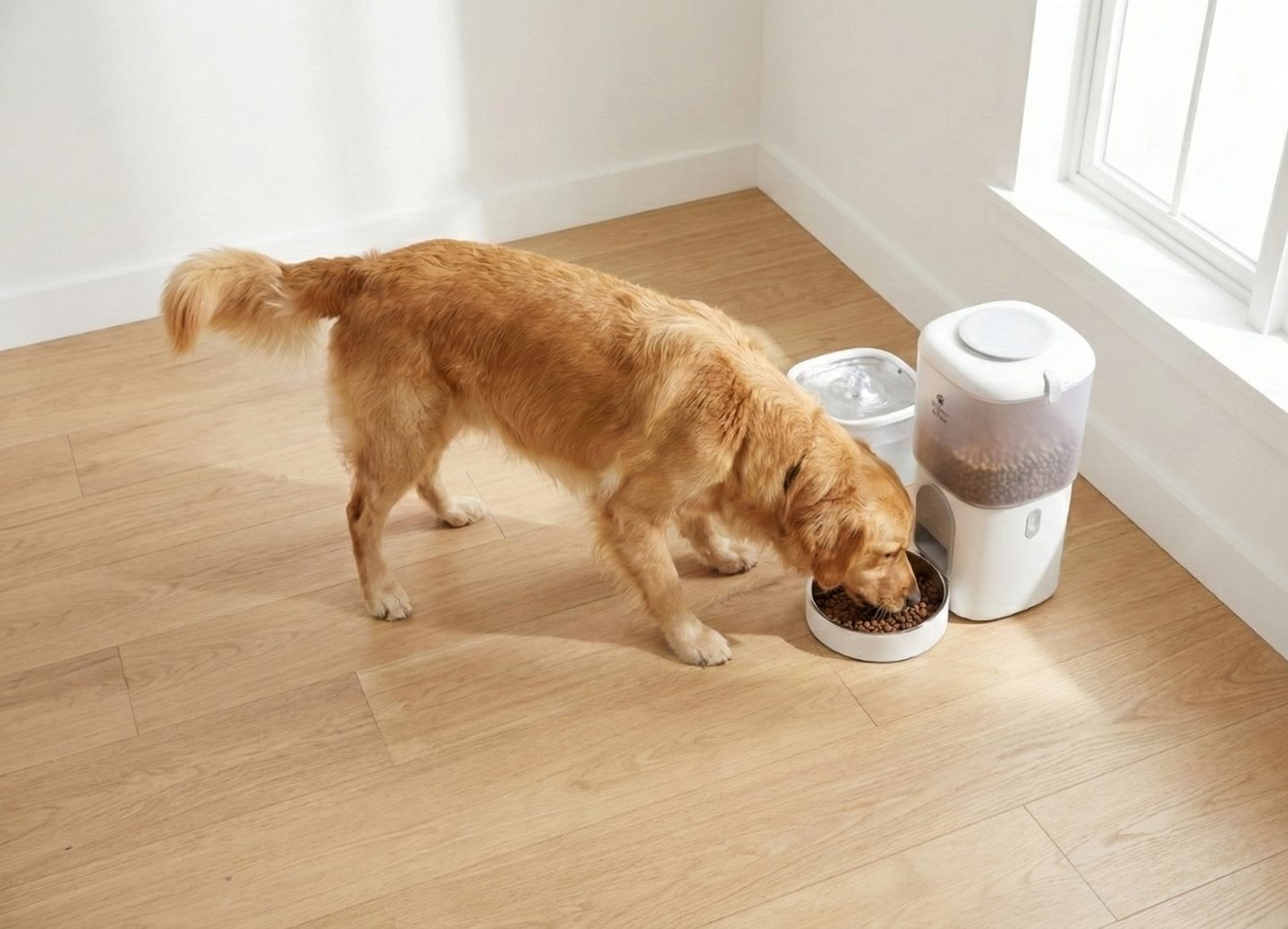 A golden retriever eating from the Willow & Paw smart feeder on a sunlit wooden floor