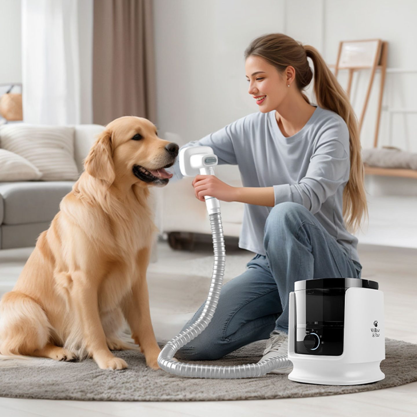 A woman grooming a golden retriever with the brush attachment while the vacuum collects the hair