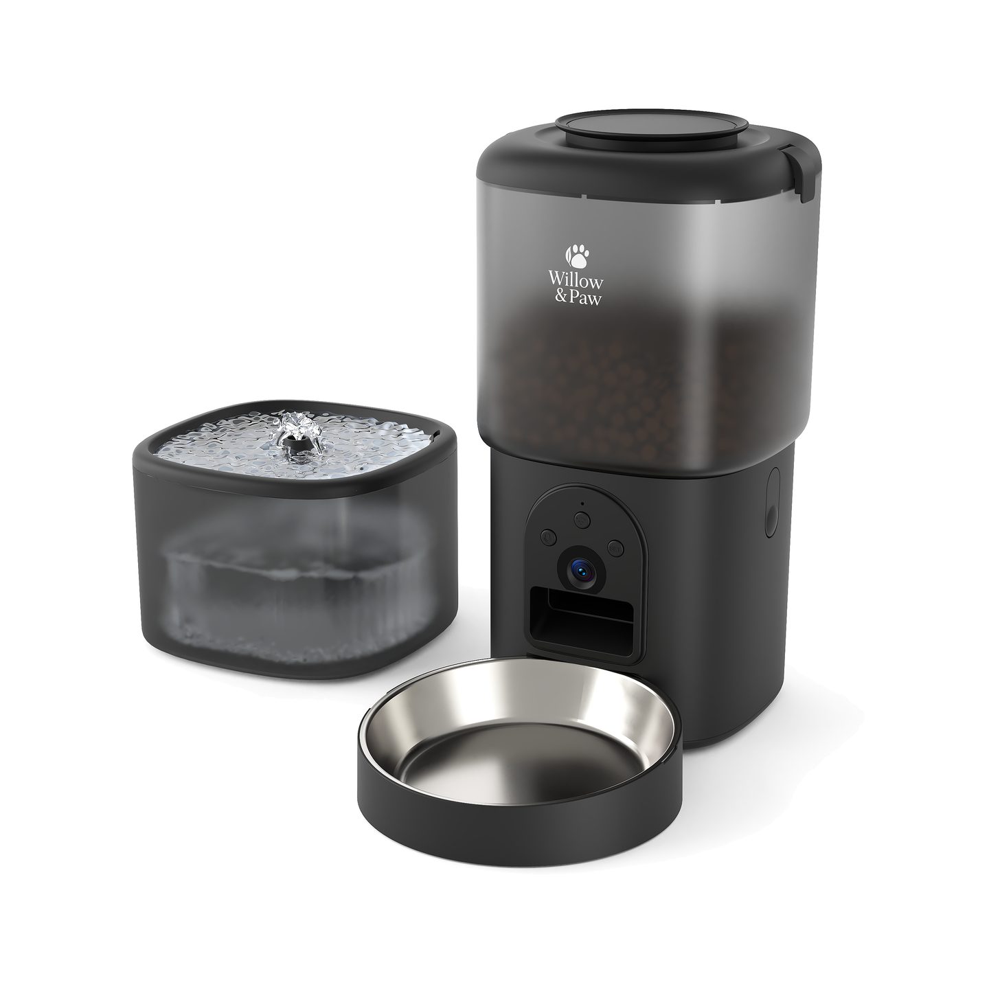 Black smart feeder with camera beside its water fountain and a stainless steel bowl