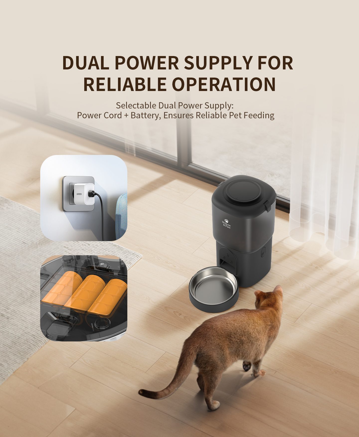 Dual power: a USB power cable, with batteries as backup, keeps meals going