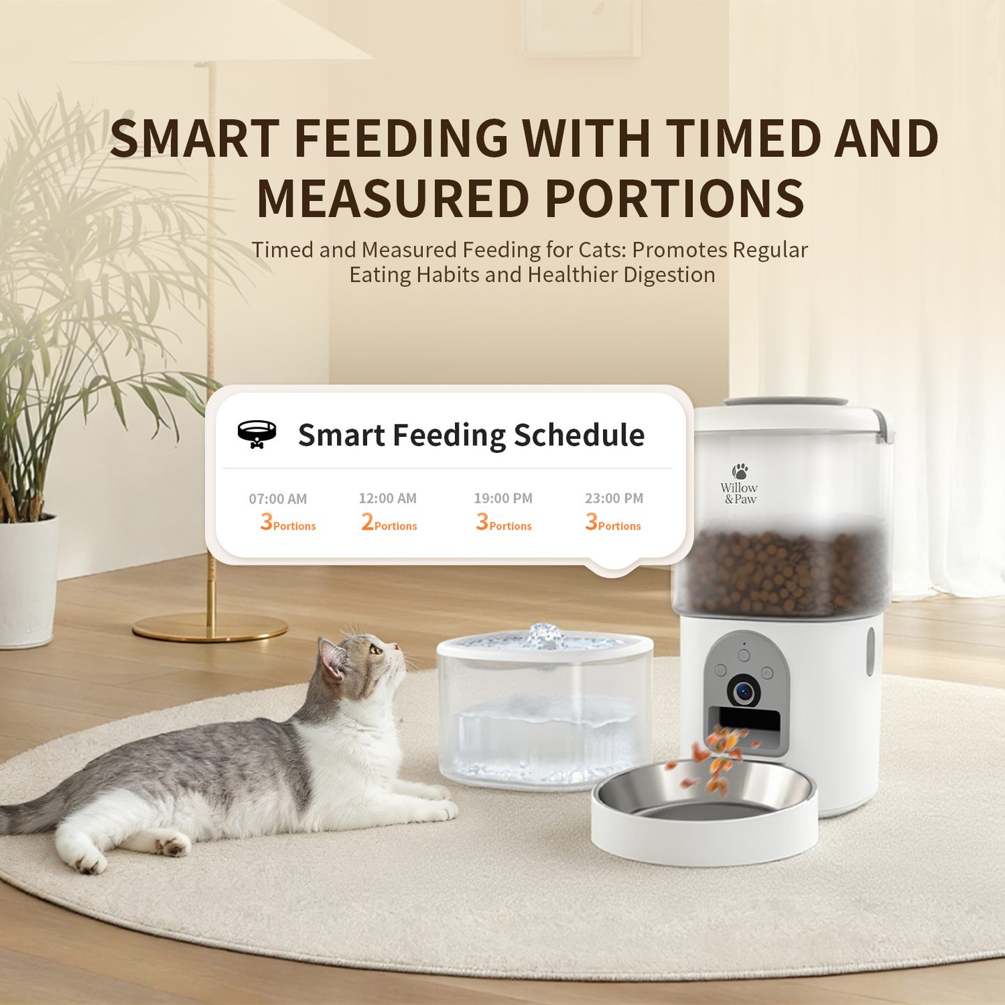 A cat by the feeder with the app's schedule of timed, measured meals shown above