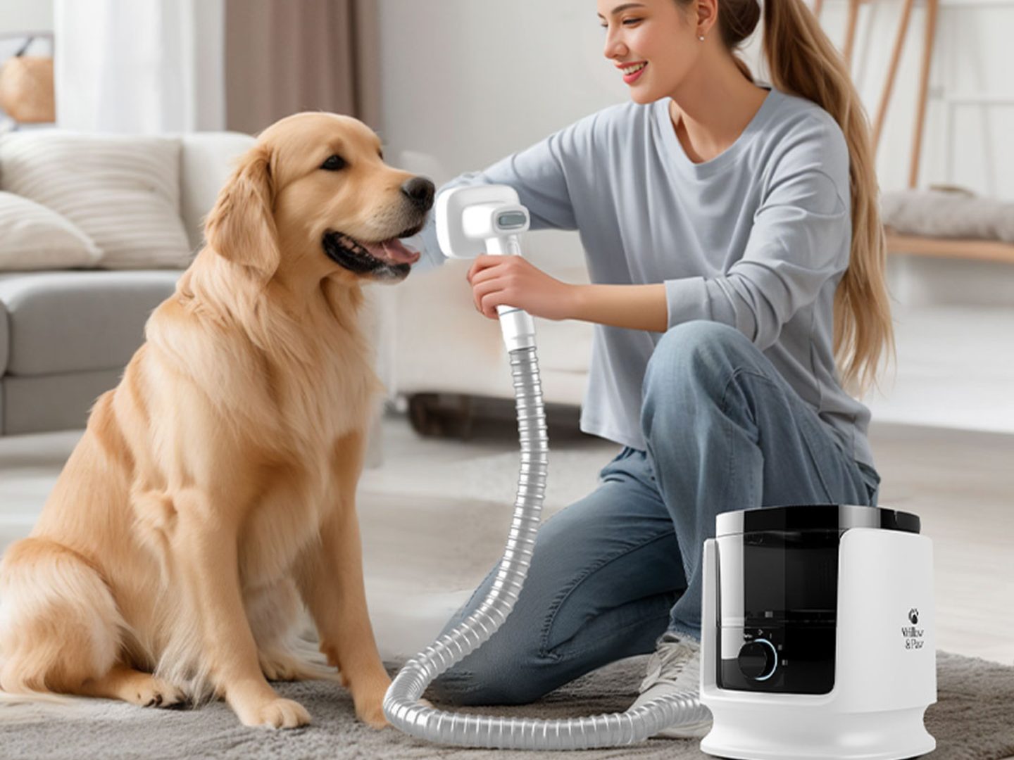 A woman grooming a golden retriever while the vacuum collects the loose hair