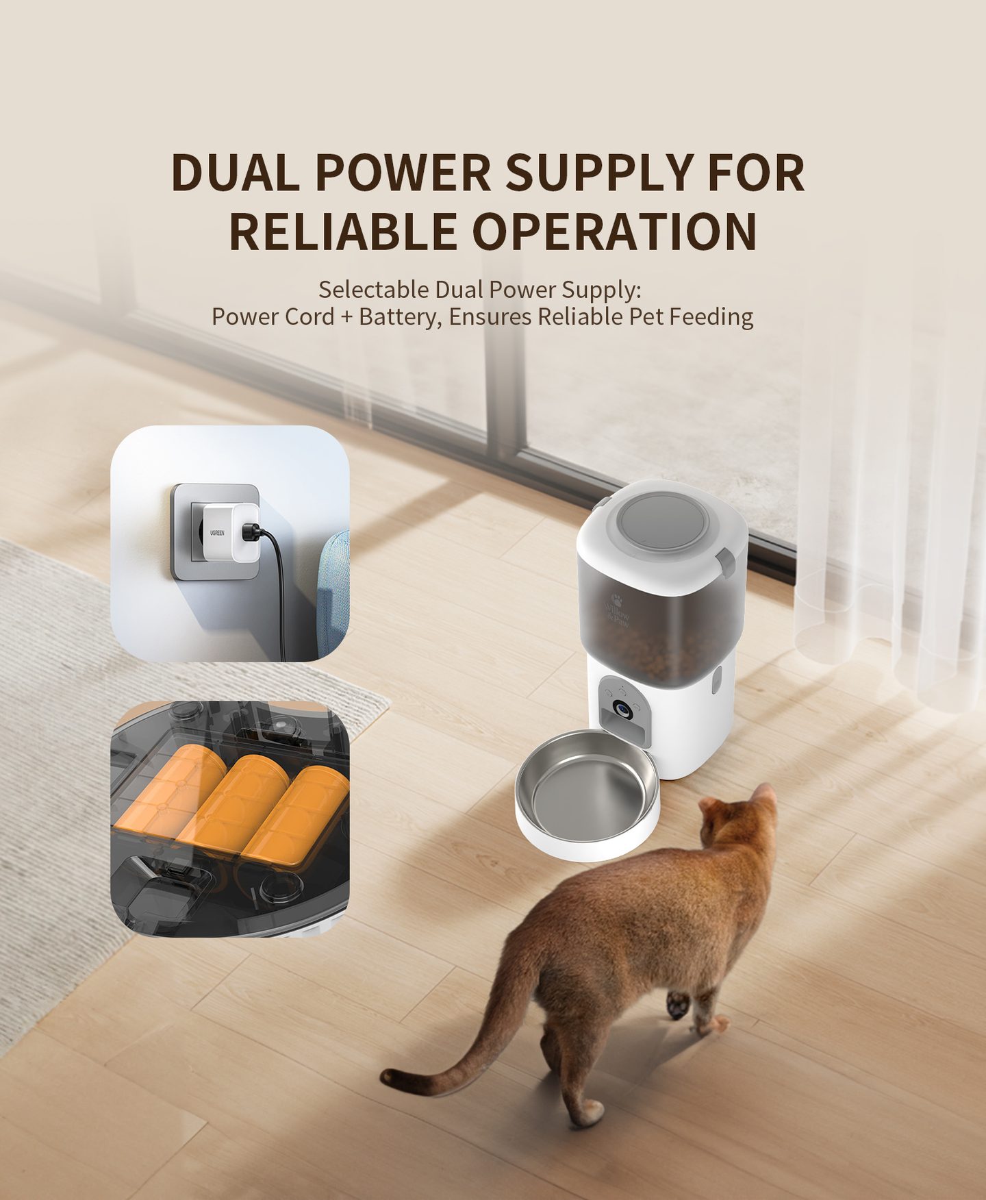 Dual power: a USB power cable, with batteries as backup, keeps meals going