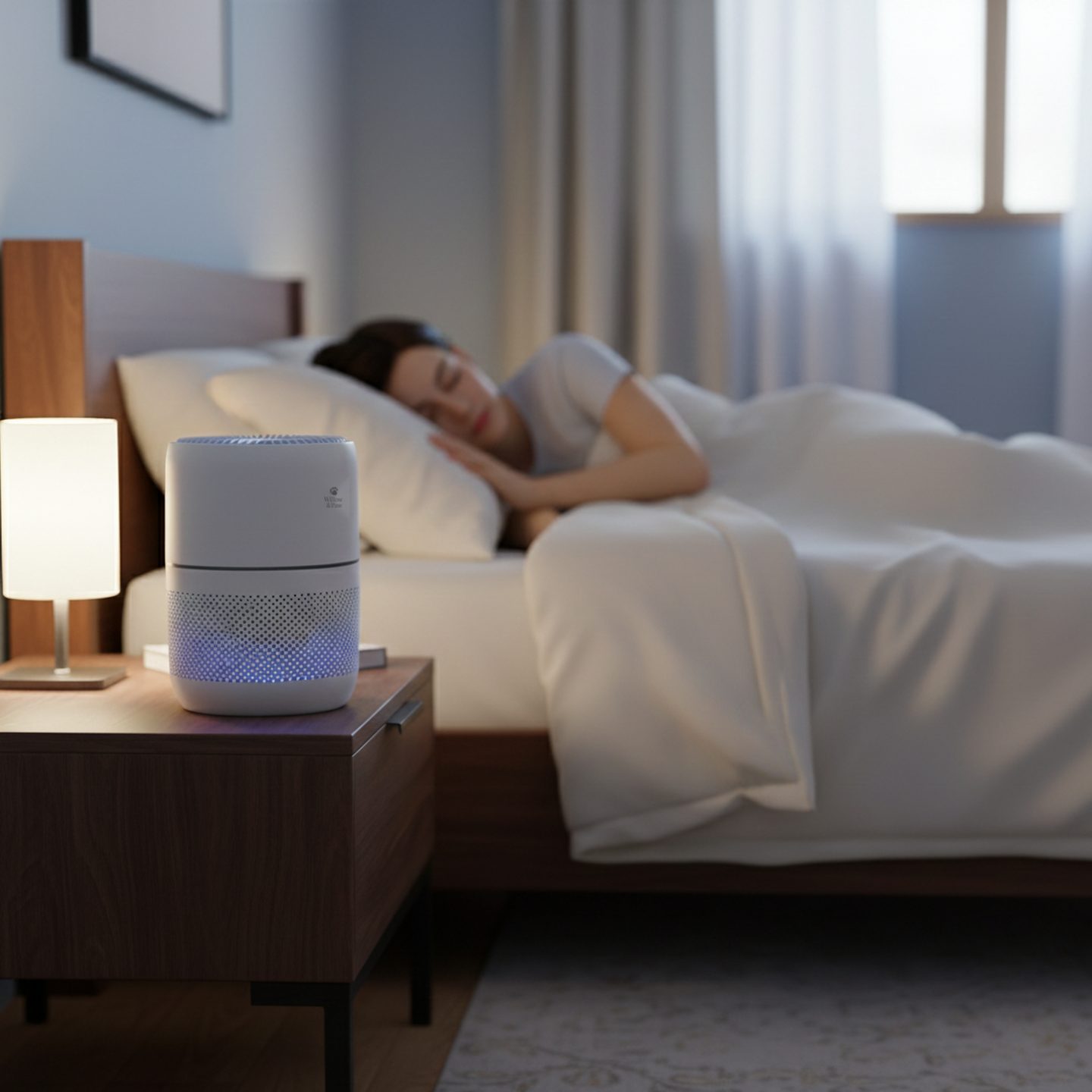 A woman asleep in a calm bedroom, with the purifier glowing softly on the bedside table