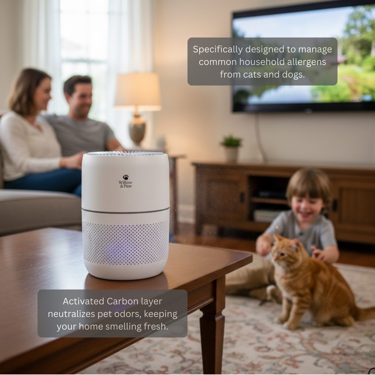 The air purifier in a family living room while a child strokes a ginger cat on the rug
