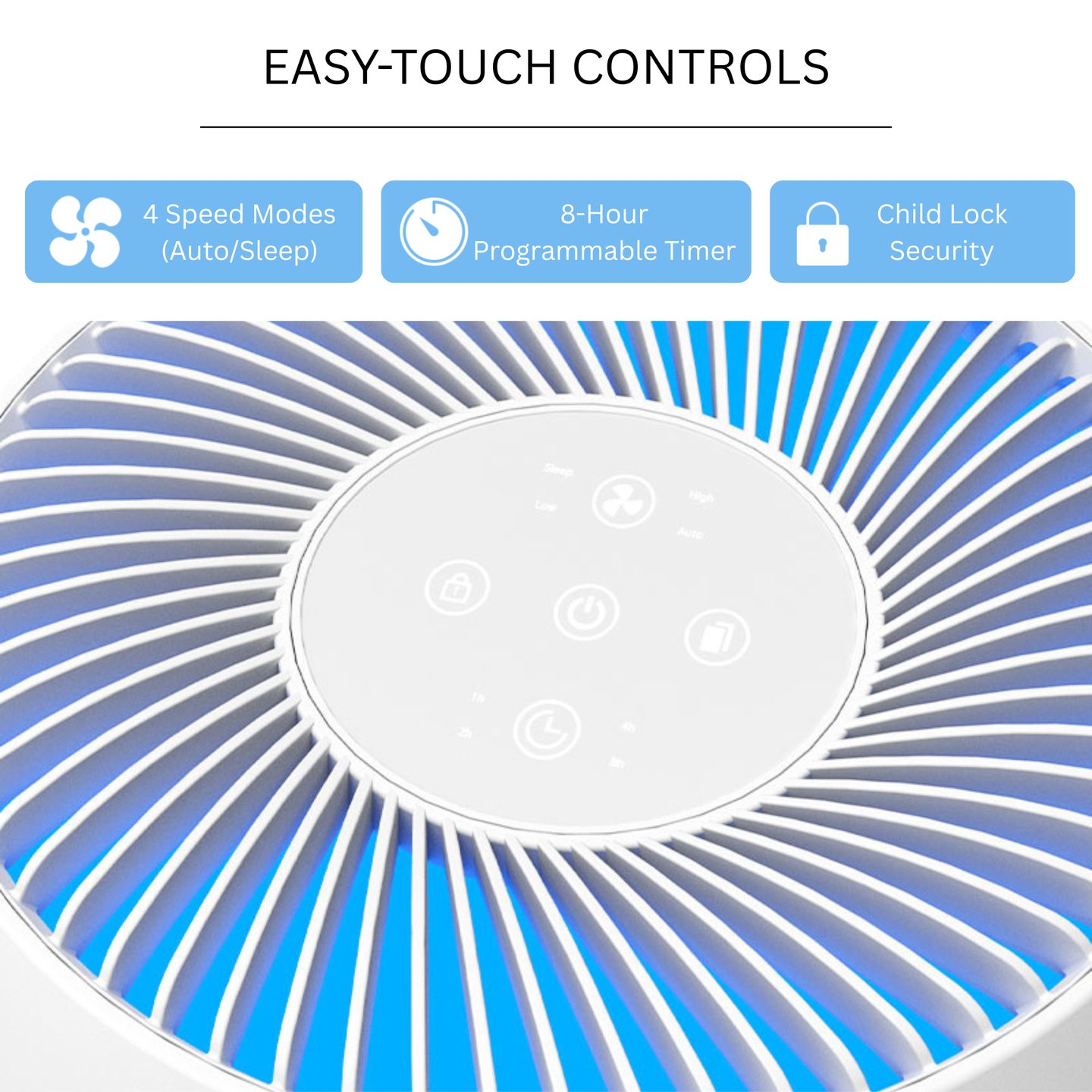 The touch panel from above, with buttons for 4 speed modes, the 8-hour timer and child lock