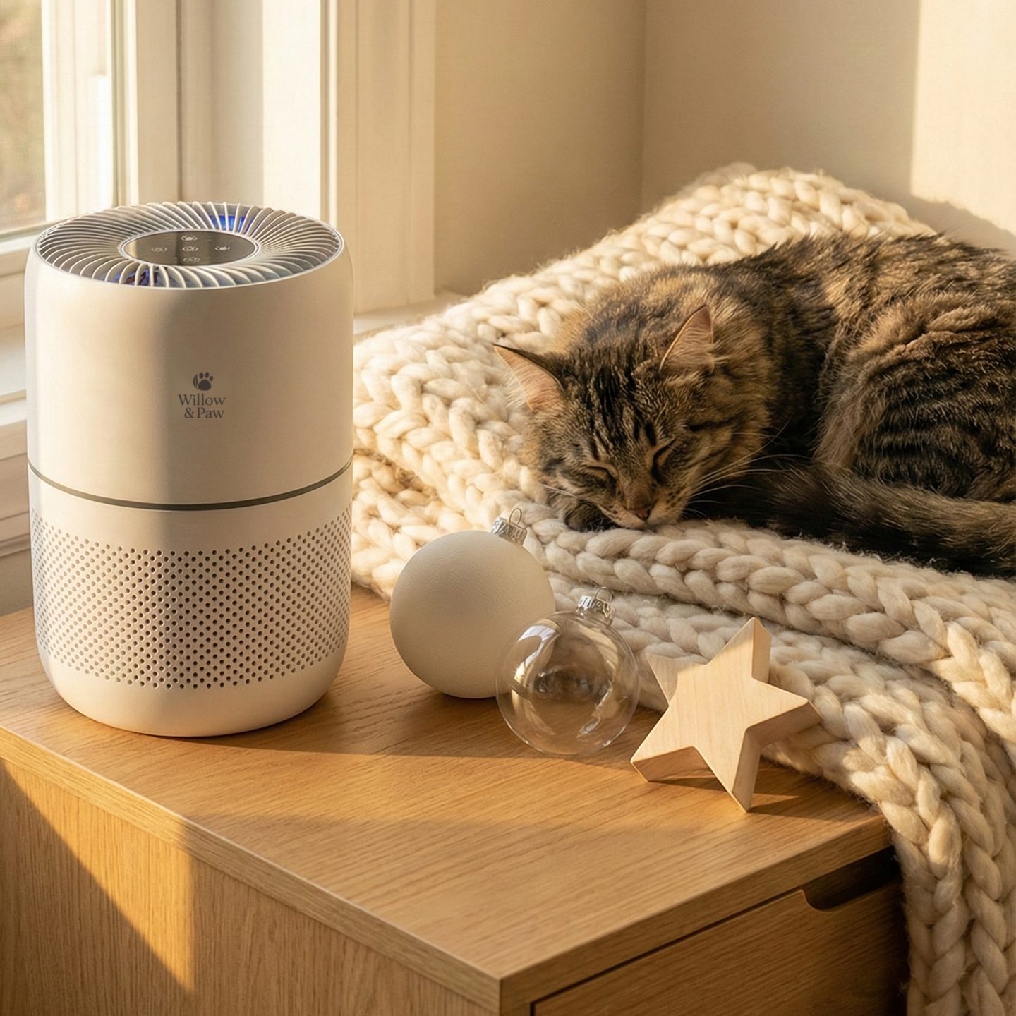 A tabby cat asleep on a knitted blanket beside the Willow & Paw air purifier, in warm window light