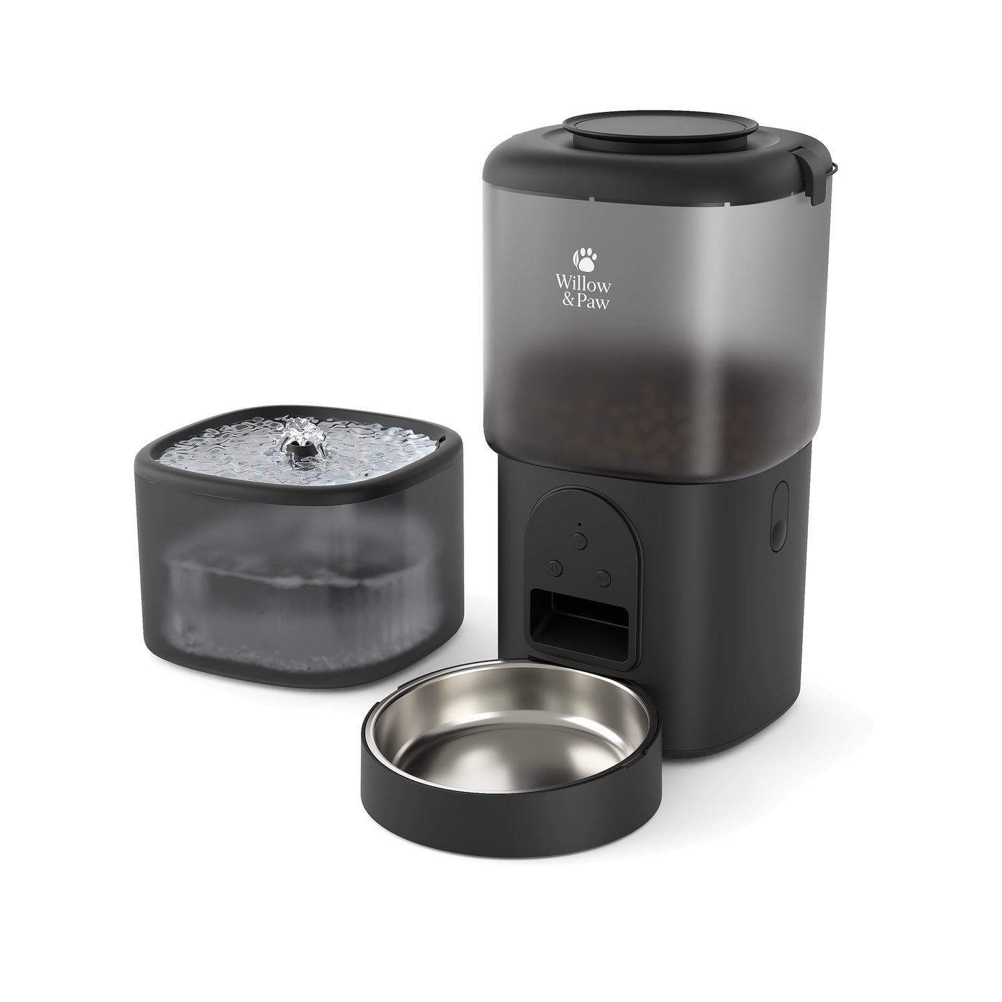 Black smart feeder beside its water fountain and a stainless steel bowl