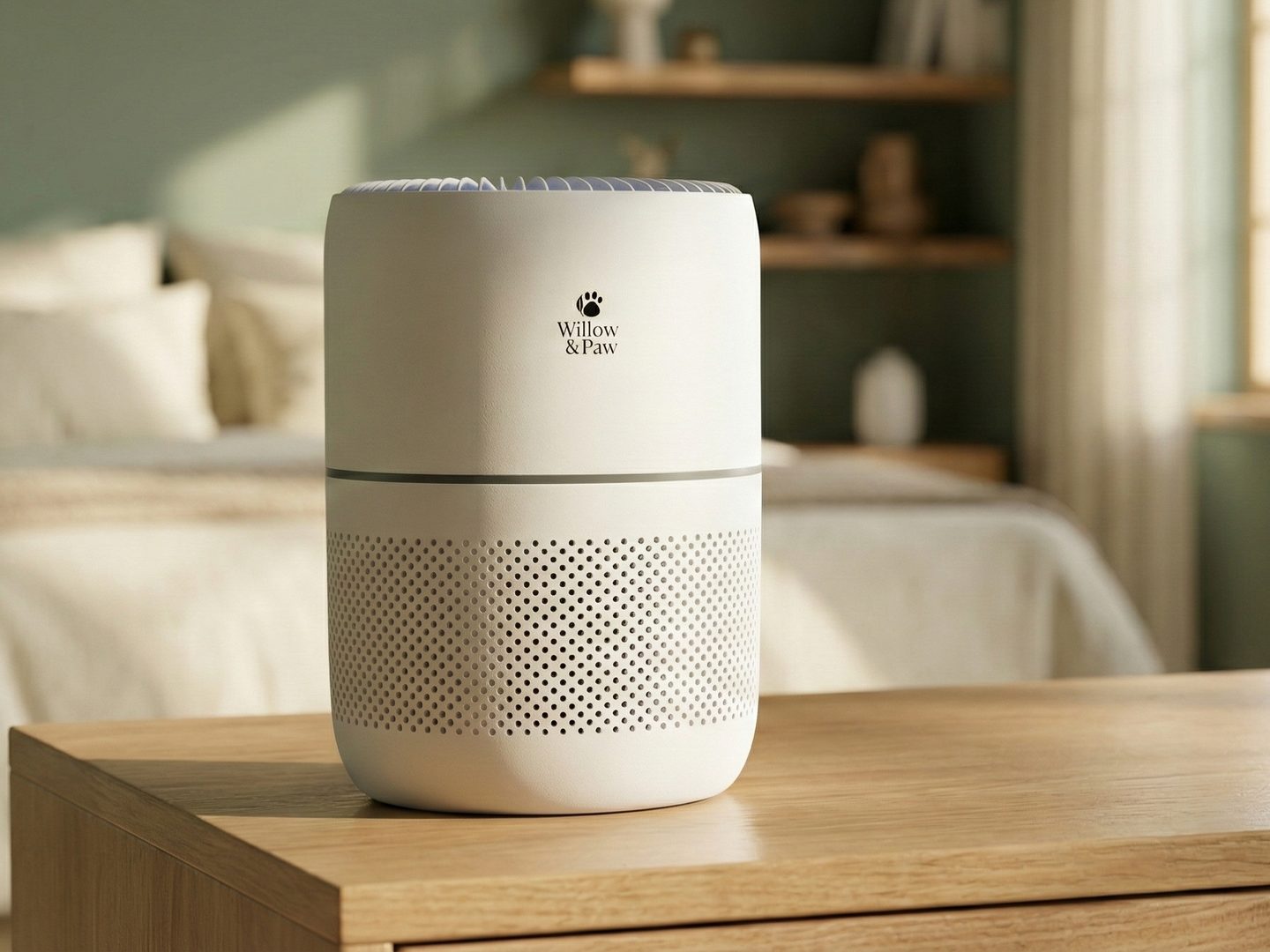 The white Willow & Paw air purifier on a wooden chest of drawers in a calm green bedroom