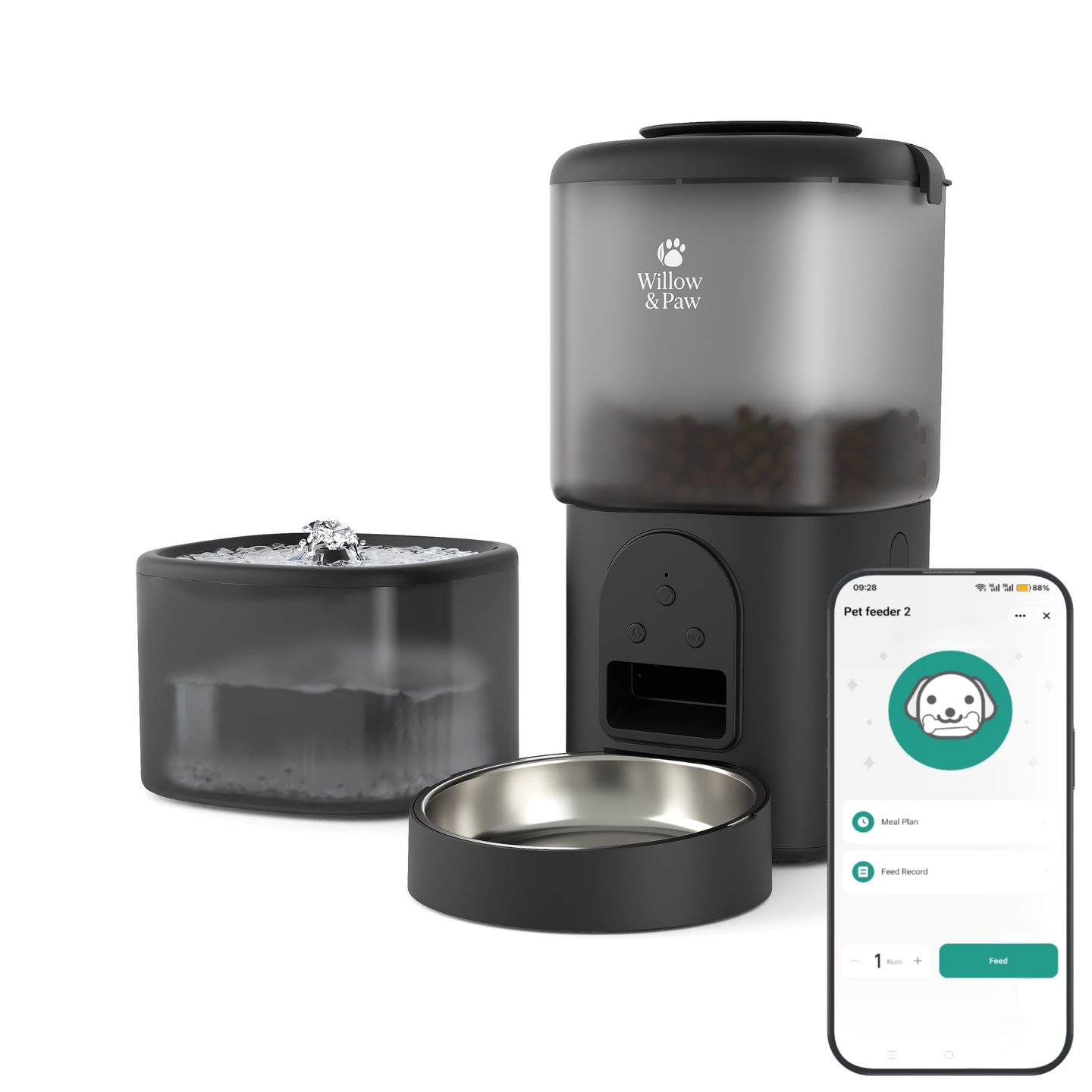 Black feeder, fountain and bowl with a phone showing the feeder in the app