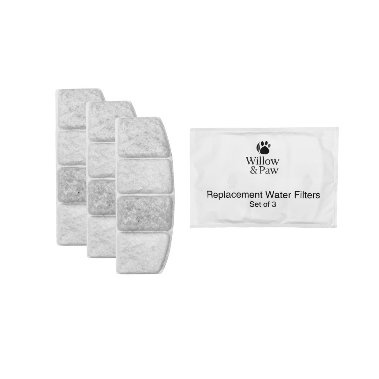 Three white fountain filters beside their sealed Willow & Paw pack, labelled Replacement Water Filters, Set of 3