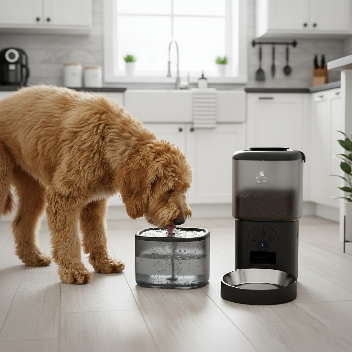 A curly-haired dog drinking from the black water fountain, beside the camera feeder, in a bright kitchen