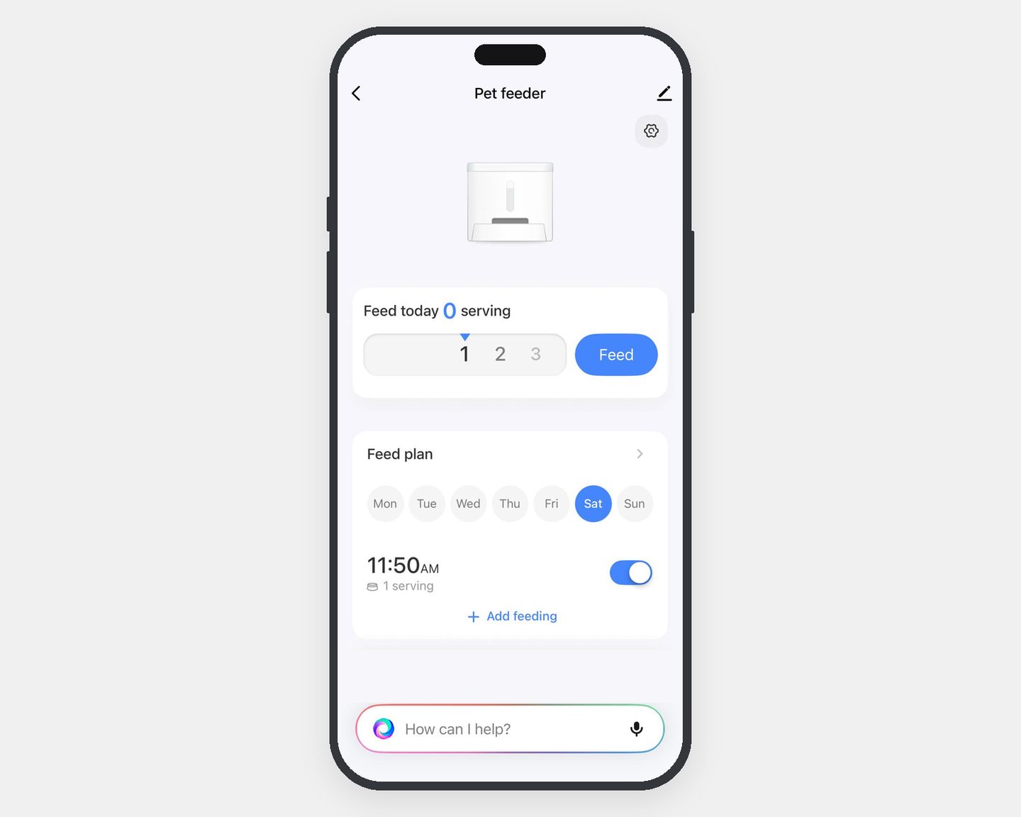 The feeder in the phone app: feed now, and a weekly feed plan with a meal at 11:50 am