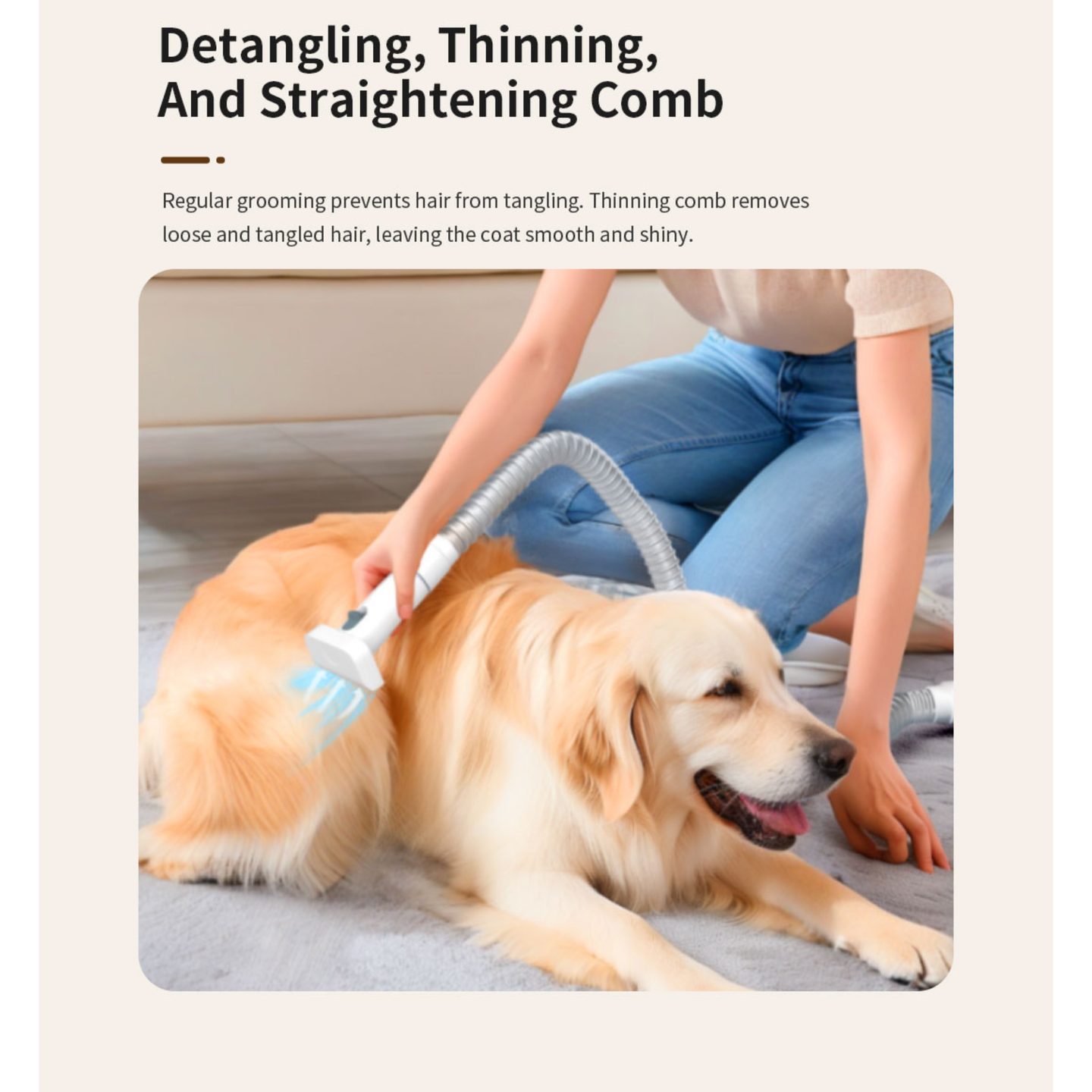 Detangling, thinning and straightening comb in use on a golden retriever's coat