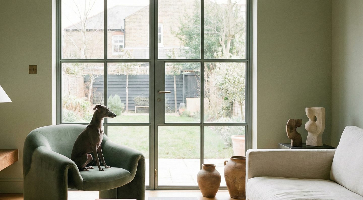 A dog resting on a green armchair in a bright, airy living room with a garden view