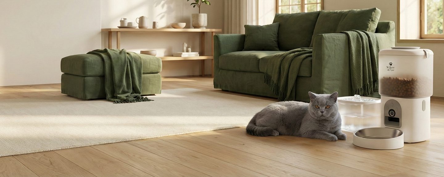 A grey cat relaxing beside the smart feeder in a calm, sunny living room
