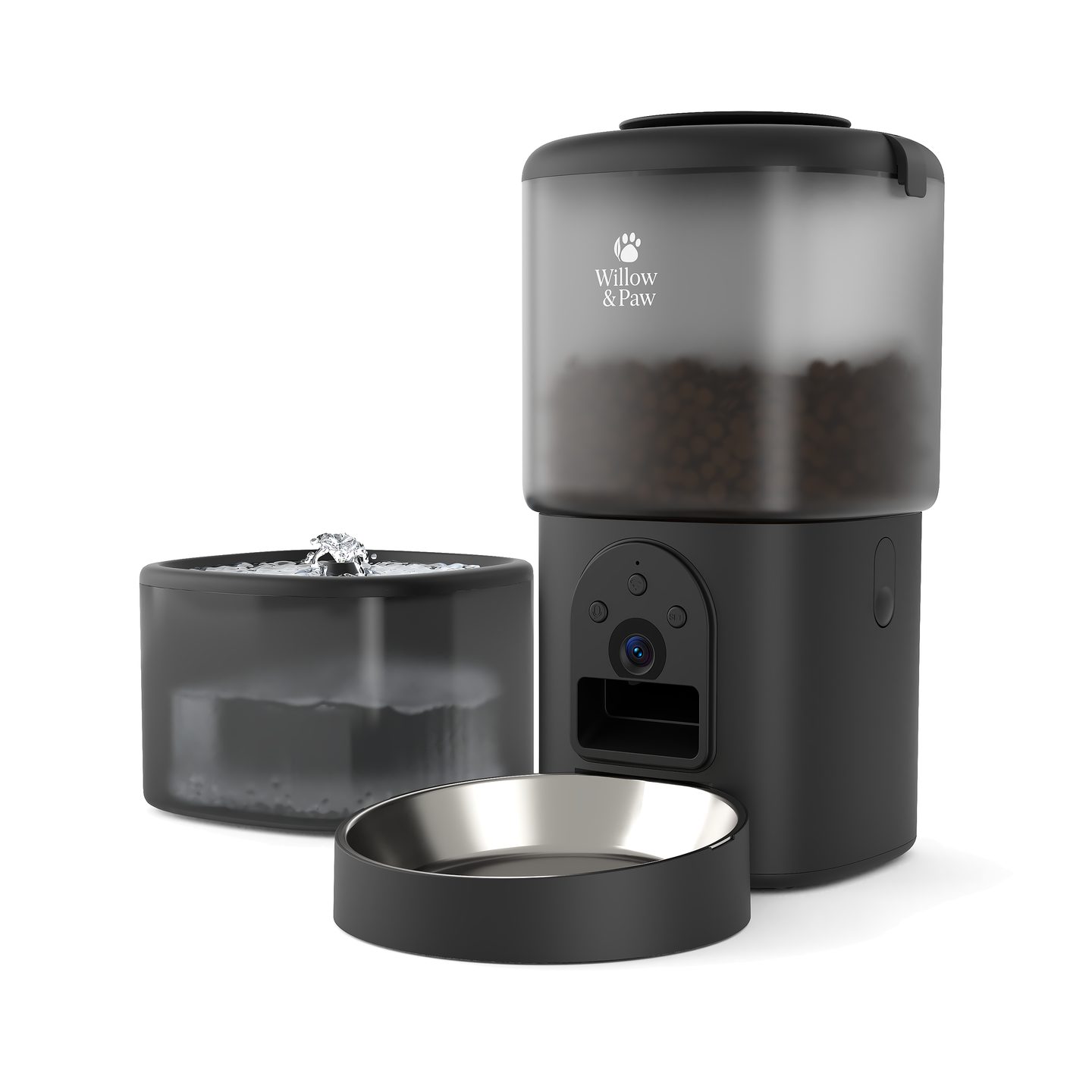 Black smart feeder showing the camera and control buttons above the food outlet